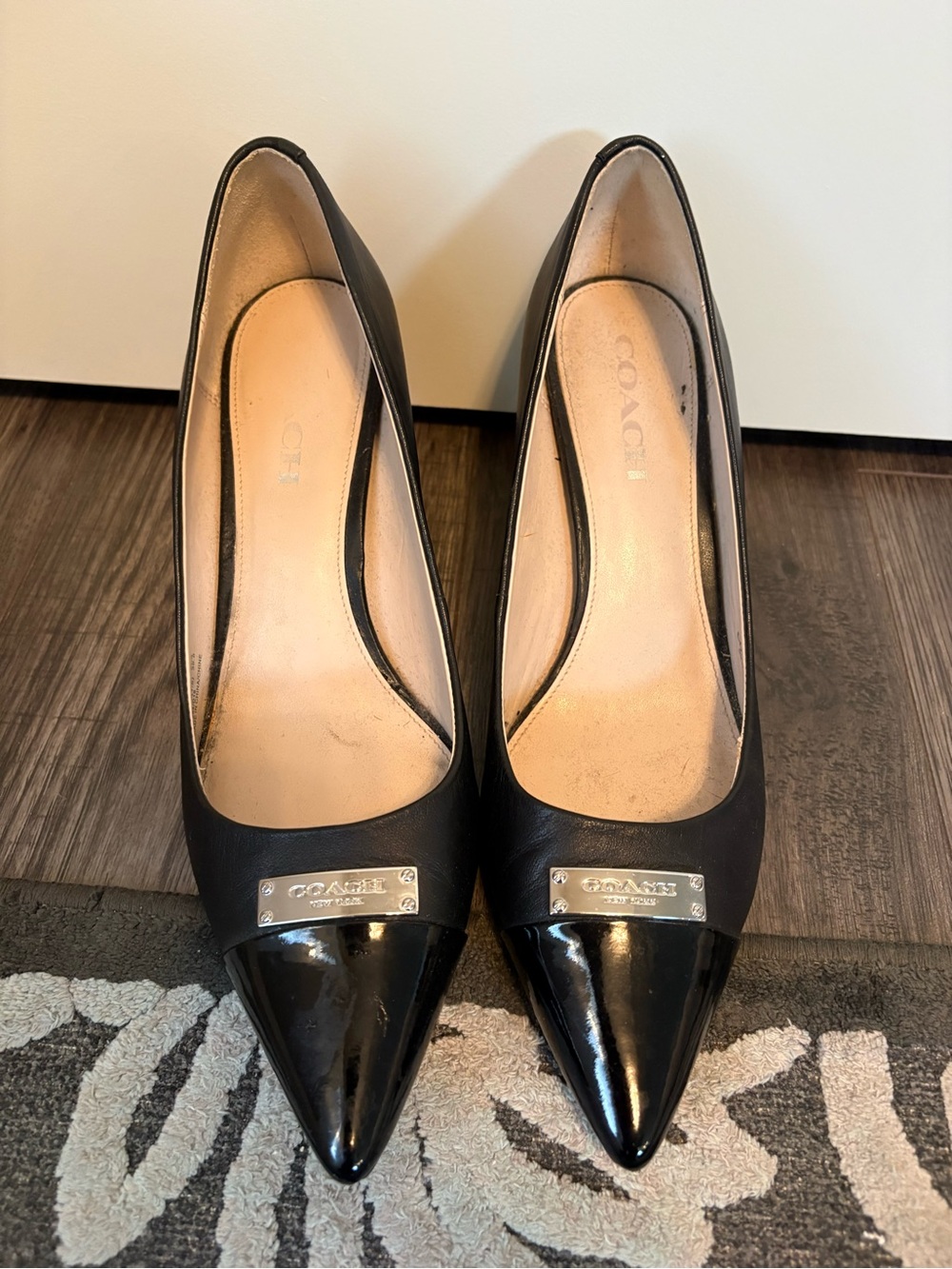 Coach Black Leather Pointed Toe Pumps with Patent Cap - Picture 7 of 7
